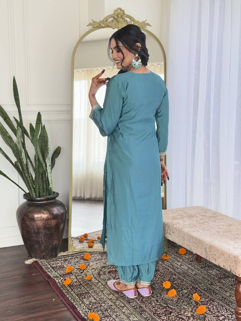 Blue Women's Viscose Chanderi Fabric Straight Kurta, Pant and Dupatta Set