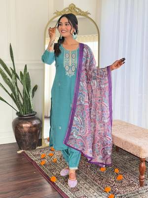 Blue Women's Viscose Chanderi Fabric Straight Kurta, Pant and Dupatta Set 3
