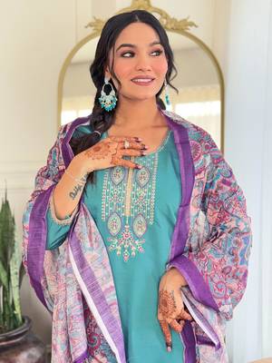 Blue Women's Viscose Chanderi Fabric Straight Kurta, Pant and Dupatta Set 4