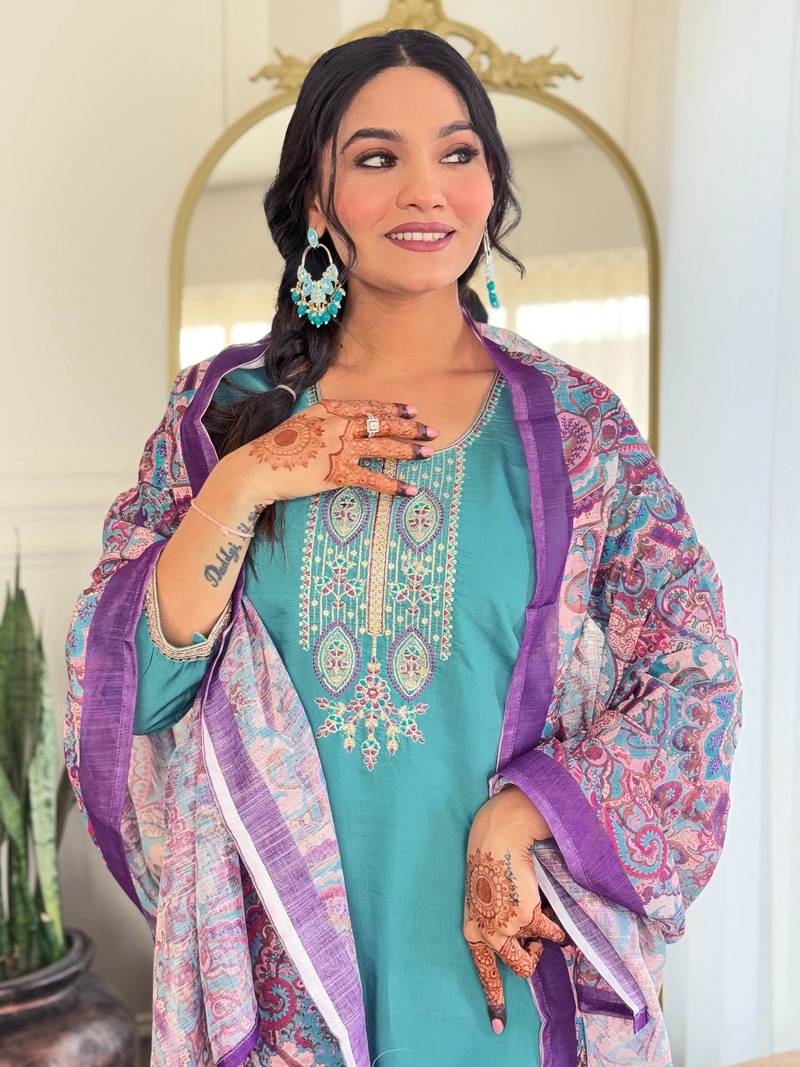 Blue Women's Viscose Chanderi Fabric Straight Kurta, Pant and Dupatta Set