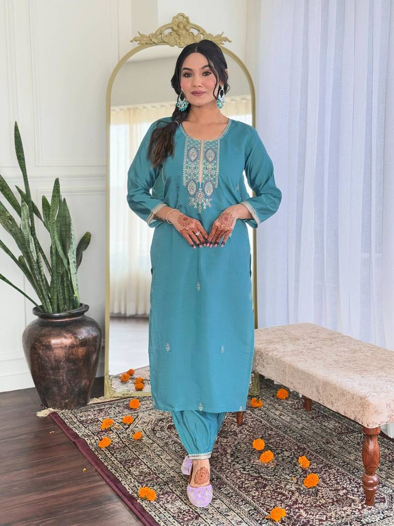 Blue Women's Viscose Chanderi Fabric Straight Kurta, Pant and Dupatta Set