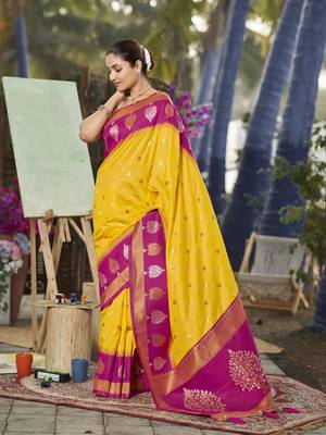 yellow and pink art banarasi silk woven heavy jacquard work saree with pink blouse piece 1