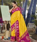yellow and pink art banarasi silk woven heavy jacquard work saree with pink blouse piece