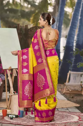 yellow and pink art banarasi silk woven heavy jacquard work saree with pink blouse piece