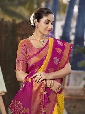 yellow and pink art banarasi silk woven heavy jacquard work saree with pink blouse piece 4