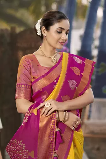 yellow and pink art banarasi silk woven heavy jacquard work saree with pink blouse piece