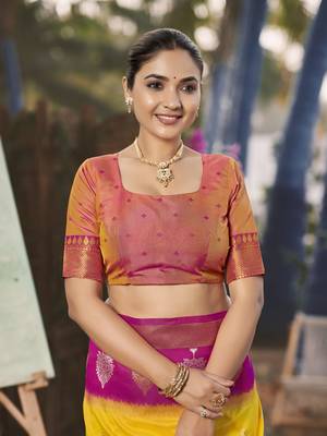 yellow and pink art banarasi silk woven heavy jacquard work saree with pink blouse piece 5