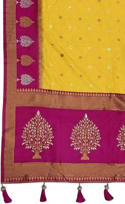yellow and pink art banarasi silk woven heavy jacquard work saree with pink blouse piece 6