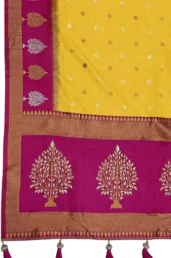 yellow and pink art banarasi silk woven heavy jacquard work saree with pink blouse piece
