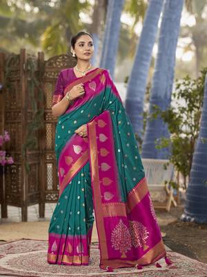 green and pink art banarasi silk woven heavy jacquard work saree with pink blouse piece 1