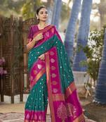 green and pink art banarasi silk woven heavy jacquard work saree with pink blouse piece