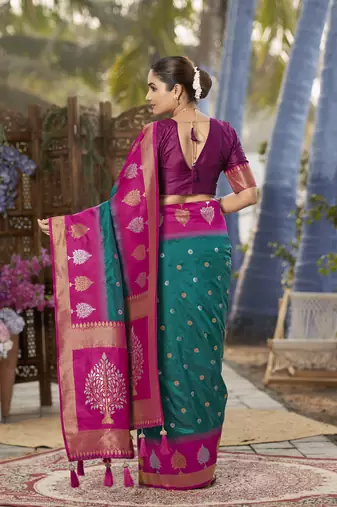 green and pink art banarasi silk woven heavy jacquard work saree with pink blouse piece