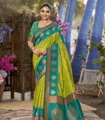 green and turquoise blue art banarasi silk woven heavy jacquard work saree with blouse piece