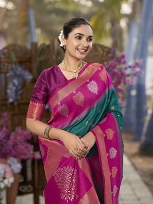 green and pink art banarasi silk woven heavy jacquard work saree with pink blouse piece 4
