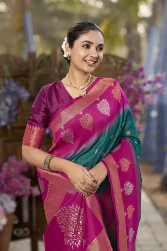 green and pink art banarasi silk woven heavy jacquard work saree with pink blouse piece