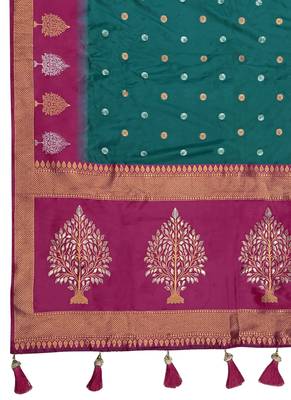 green and pink art banarasi silk woven heavy jacquard work saree with pink blouse piece 6