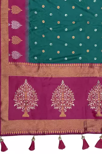 green and pink art banarasi silk woven heavy jacquard work saree with pink blouse piece