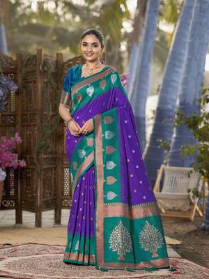 purple and turquoise blue art banarasi silk woven heavy jacquard work saree with blue blouse piece 1