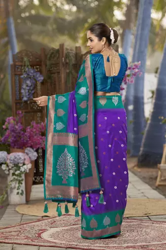 purple and turquoise blue art banarasi silk woven heavy jacquard work saree with blue blouse piece