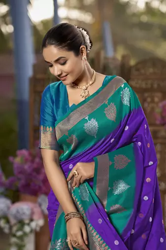 purple and turquoise blue art banarasi silk woven heavy jacquard work saree with blue blouse piece