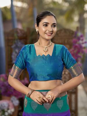 purple and turquoise blue art banarasi silk woven heavy jacquard work saree with blue blouse piece 5