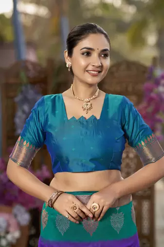 purple and turquoise blue art banarasi silk woven heavy jacquard work saree with blue blouse piece
