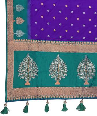 purple and turquoise blue art banarasi silk woven heavy jacquard work saree with blue blouse piece 6