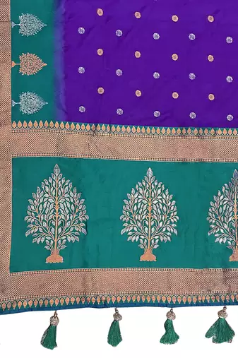purple and turquoise blue art banarasi silk woven heavy jacquard work saree with blue blouse piece