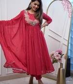 Women's Chinnon Fabric Flarred Kurta, Pant and Dupatta Set