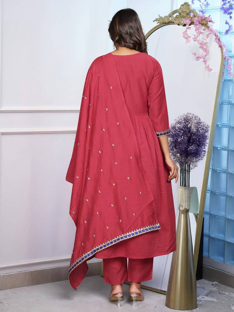 Women's Chinnon Fabric Flarred Kurta, Pant and Dupatta Set