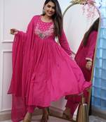 Women's Chinnon Fabric Flarred Kurta, Pant and Dupatta Set