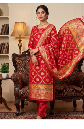 Red soft banarasi silk zari woven design dress material 1