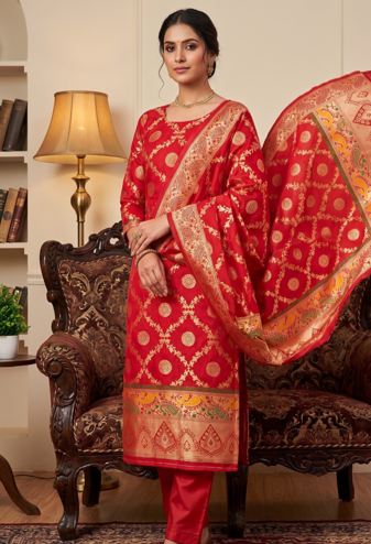Red soft banarasi silk zari woven design dress material