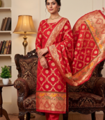 Red soft banarasi silk zari woven design dress material
