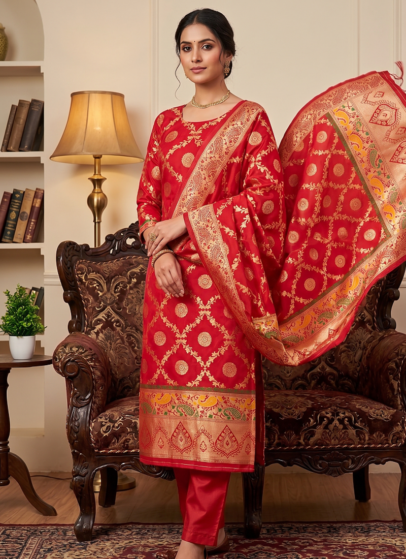 Red soft banarasi silk zari woven design dress material