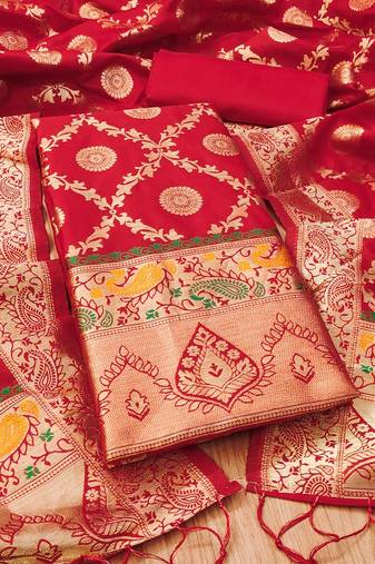Red soft banarasi silk zari woven design dress material