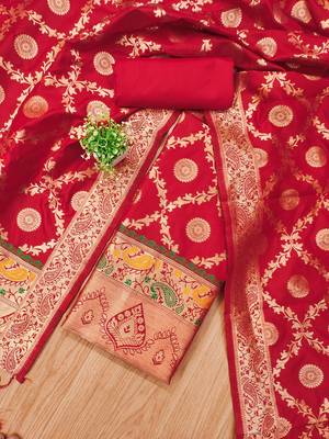 Red soft banarasi silk zari woven design dress material 2
