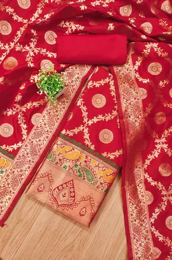 Red soft banarasi silk zari woven design dress material
