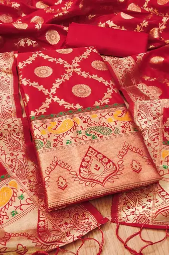 Red soft banarasi silk zari woven design dress material