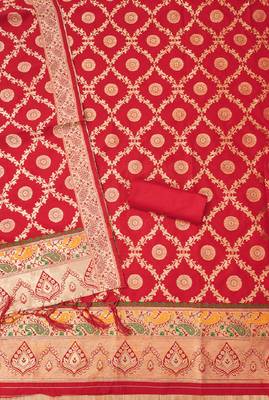 Red soft banarasi silk zari woven design dress material 4