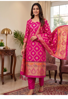Ranipink soft banarasi silk zari woven design dress material 1