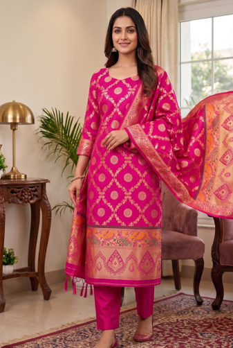 Ranipink soft banarasi silk zari woven design dress material