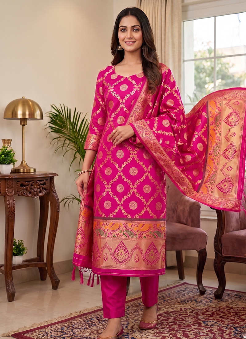 Ranipink soft banarasi silk zari woven design dress material