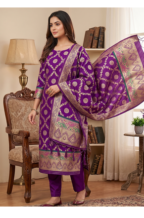 Purple soft banarasi silk zari woven design dress material 1