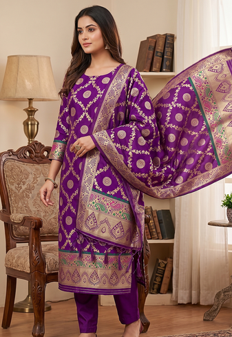 Purple soft banarasi silk zari woven design dress material