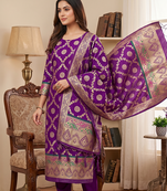 Purple soft banarasi silk zari woven design dress material