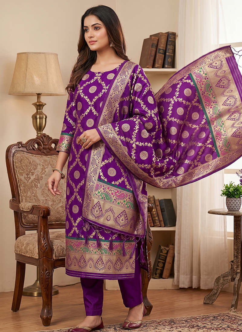 Purple soft banarasi silk zari woven design dress material