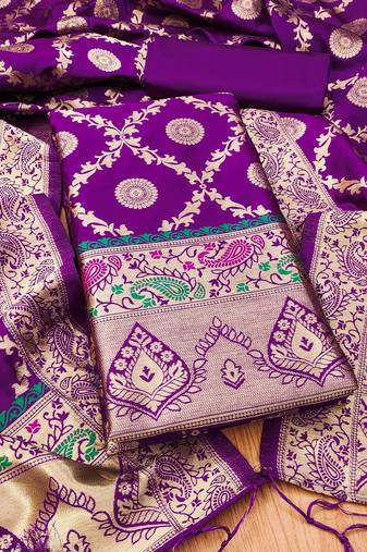 Purple soft banarasi silk zari woven design dress material