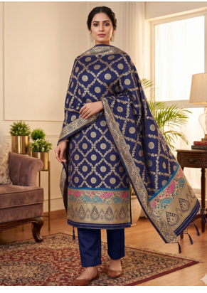 Blue soft banarasi silk zari woven design dress material 1