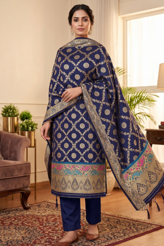 Blue soft banarasi silk zari woven design dress material